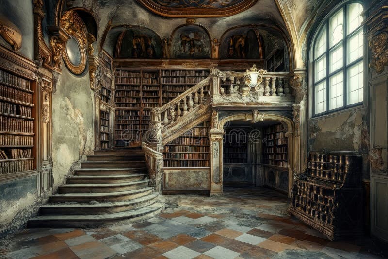 Ancient library with ornate architecture and winding staircase illuminated by natural light. An elegant library features grand shelves of books, an intricate staircase, and beautiful natural light filtering in. AI generated