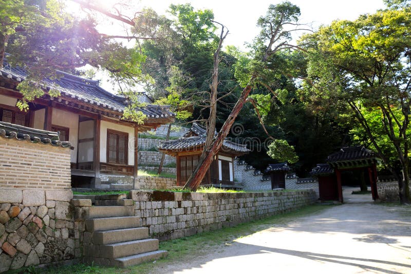 Ancient library pavilions in Secret garden Huwon, Changdeokgung Palace complex, Seoul, South Korea. Beautiful landscape with old royalty free stock photography