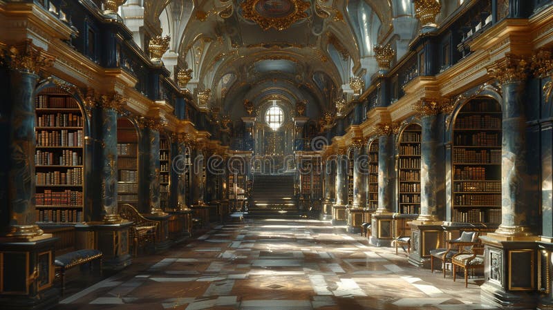 Ancient library scene rendered in a Renaissance painting style stock images