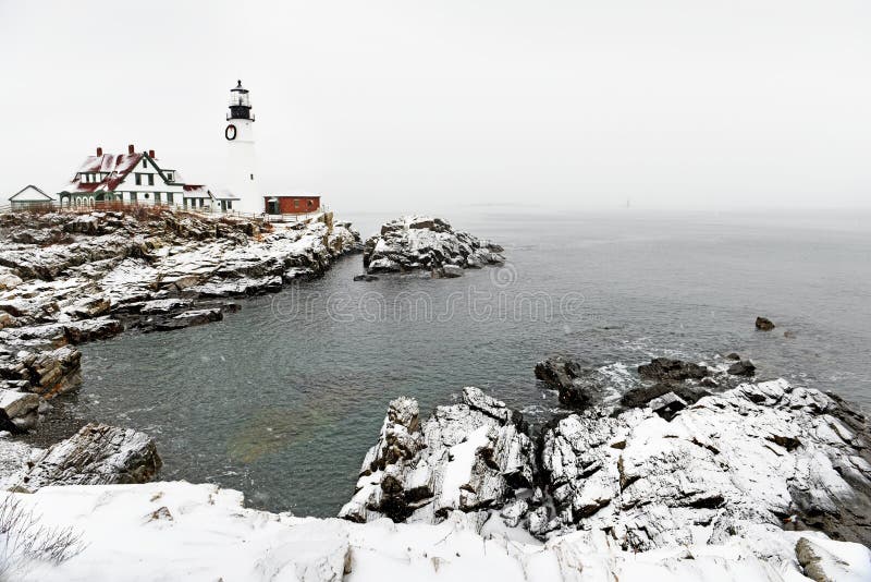 View of the lighthouse in Portland  USA. Maine. Winter day.