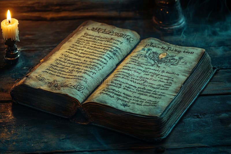 Ancient magic book with mysterious handwritten spells and rituals, illuminated by candlelight, creating a mystical atmosphere royalty free stock photo