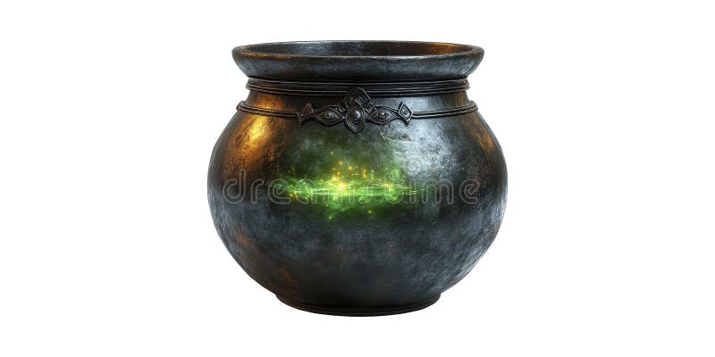 Ancient magical cauldron with glowing green light isolated on transparent background stock photography