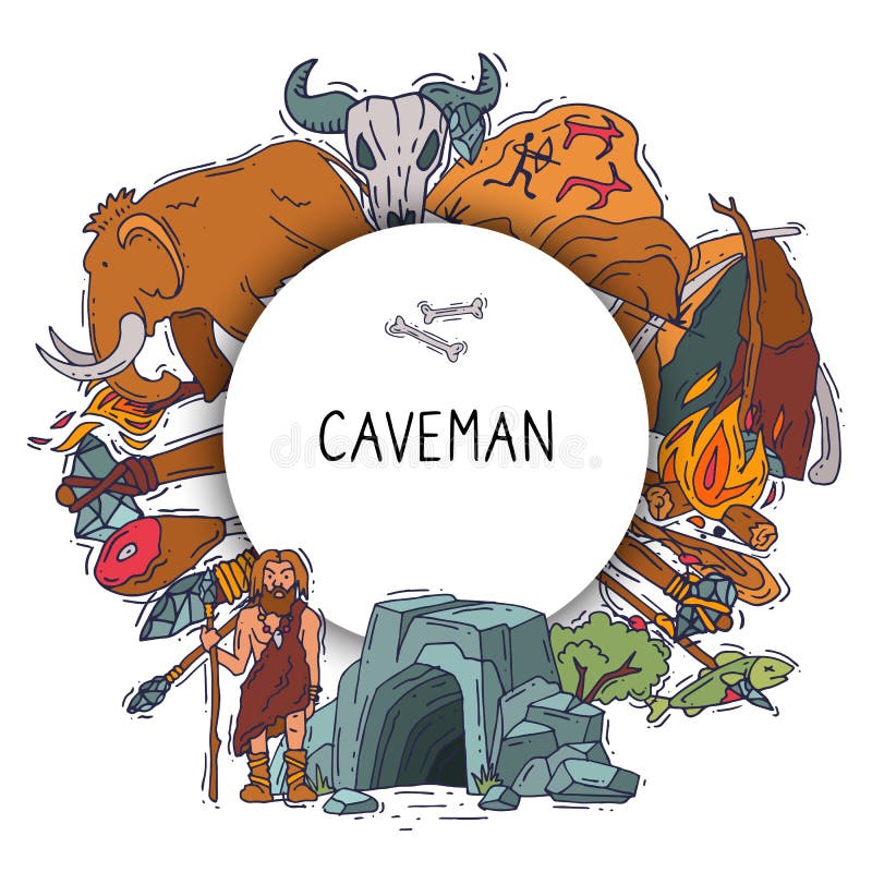 Ancient man set, stone age cartoon caveman vector illustration. Historic primitive dweller, anciently stoneage human