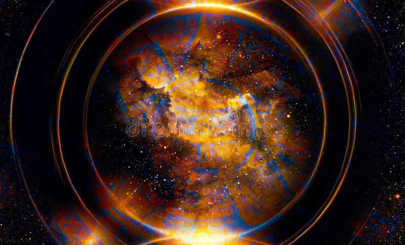 Ancient Mayan Calendar, Cosmic space and stars, abstract color Background, computer collage. Ancient Mayan Calendar, Cosmic space and stars, abstract color vector illustration Ancient Mayan Calendar, Cosmic space and stars, abstract color Background, computer collage. Ancient Mayan Calendar, Cosmic space and stars, abstract color vector illustration