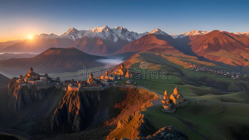 Ancient Monastery on Cliff at Sunrise vector illustration