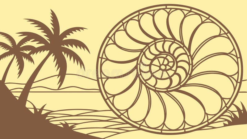 Ancient Nautilus Shell Fossil with Palm Trees Vector, vector design Generative AI royalty free illustration