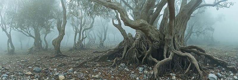 Ancient Olive Trees Foggy Forest Mystical Nature Scene Serene Landcape Tranquil Atmosphere Majestic stock illustrationer