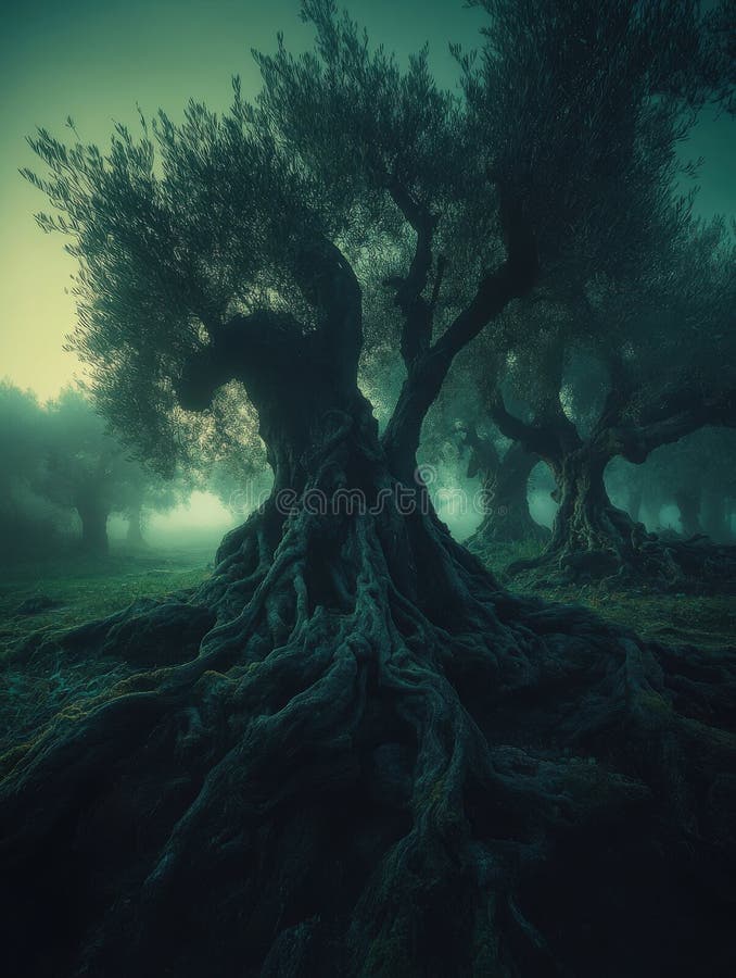 Ancient Olive Trees Mystical Foggy Forest Dark Roots Nature old mist teal bark soil view green image royaltyfri illustrationer