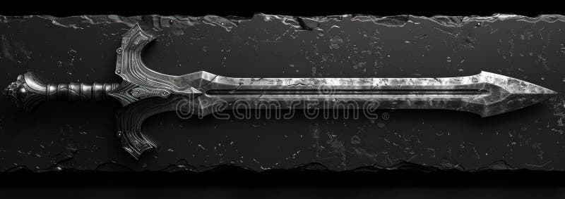An Ancient, Ornate Sword Resting on a Rough Stone Surface stock illustration