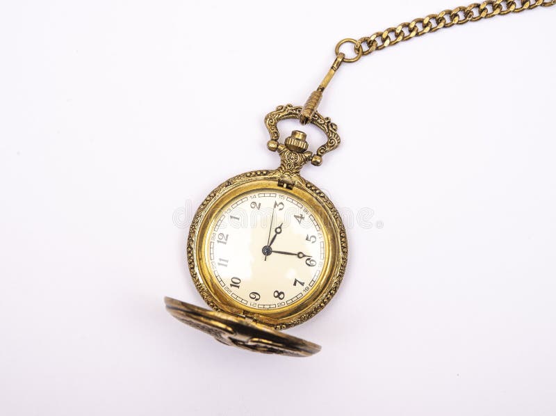 Ancient Pocket Watch Isolated on White with Golden Chain Stock Image