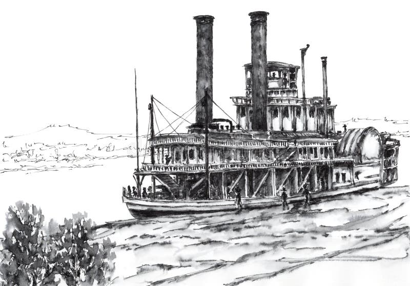 Ancient River Paddle Steamer on Riverside Stock Illustration