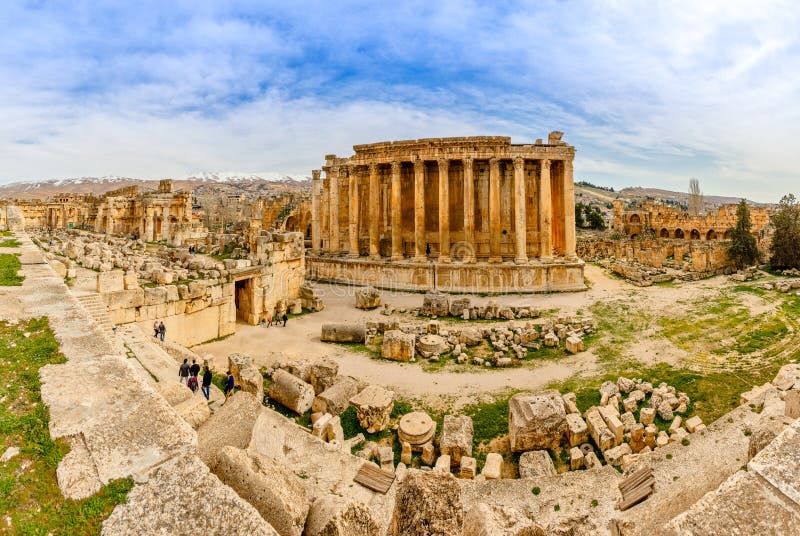 Ancient Roman temple of Bacchus panorama with surrounding ruins of ancient city, Bekaa Valley, Baalbek, Lebanon royalty free stock image Ancient Roman temple of Bacchus panorama with surrounding ruins of ancient city, Bekaa Valley, Baalbek, Lebanon royalty free stock image
