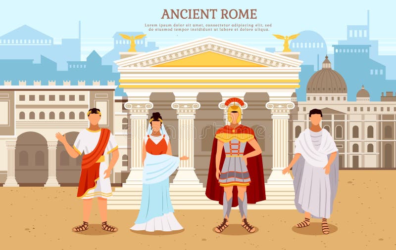 Ancient rome flat poster with person man and woman in traditional costumes vector illustration