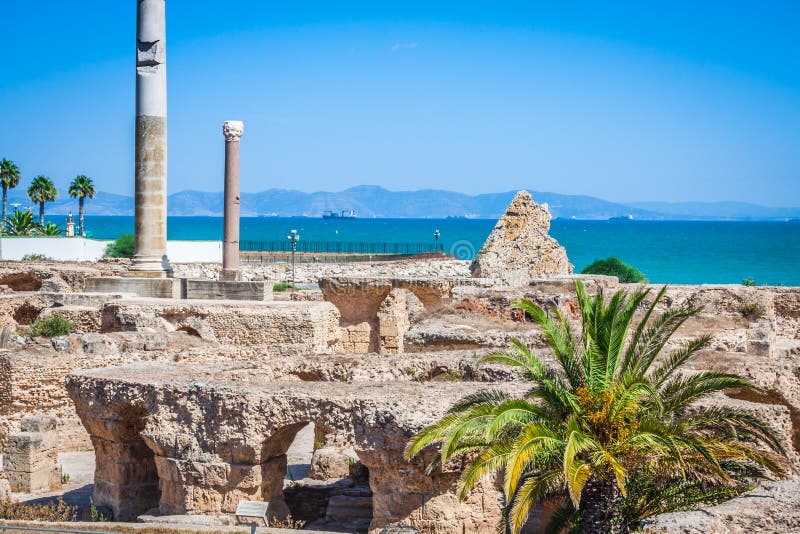 Ancient ruins at Carthage, Tunisia with the Mediterranean Sea in