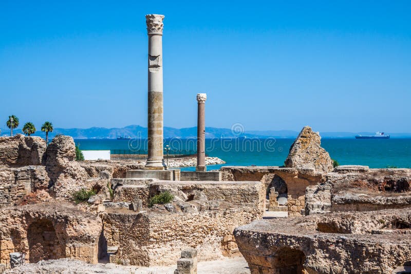 Ancient ruins at Carthage, Tunisia with the Mediterranean Sea in