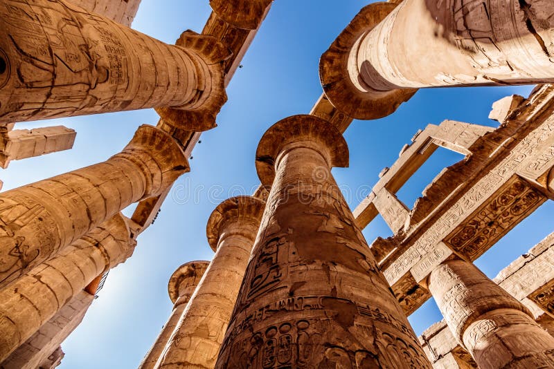 Ancient ruins and hieroglyphs at Karnak Temple, Luxor, Egypt.