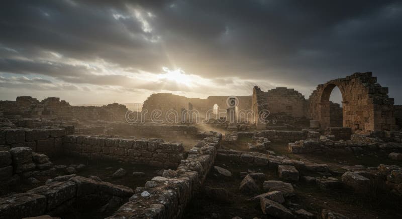 Ancient Ruins at Sunset Dramatic Desert Landscape stock illustration