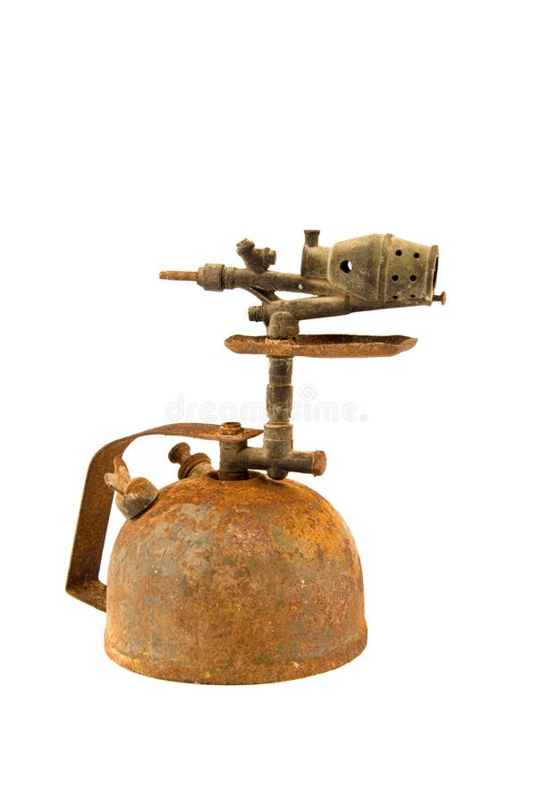 Ancient rusted blowtorch isolated on white stock photos