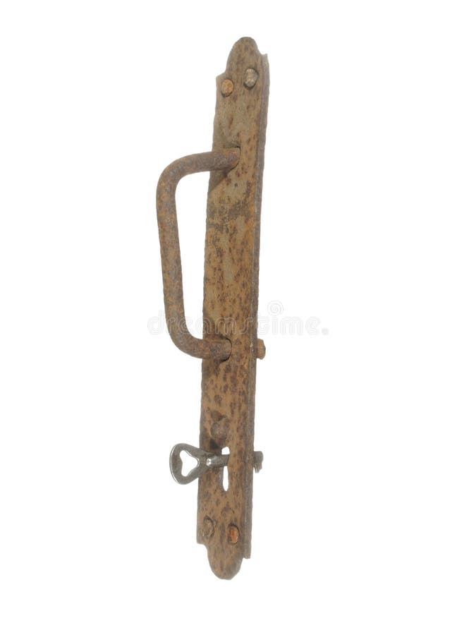 Ancient rusty door handle with keyhole and key isolated on white stock photos