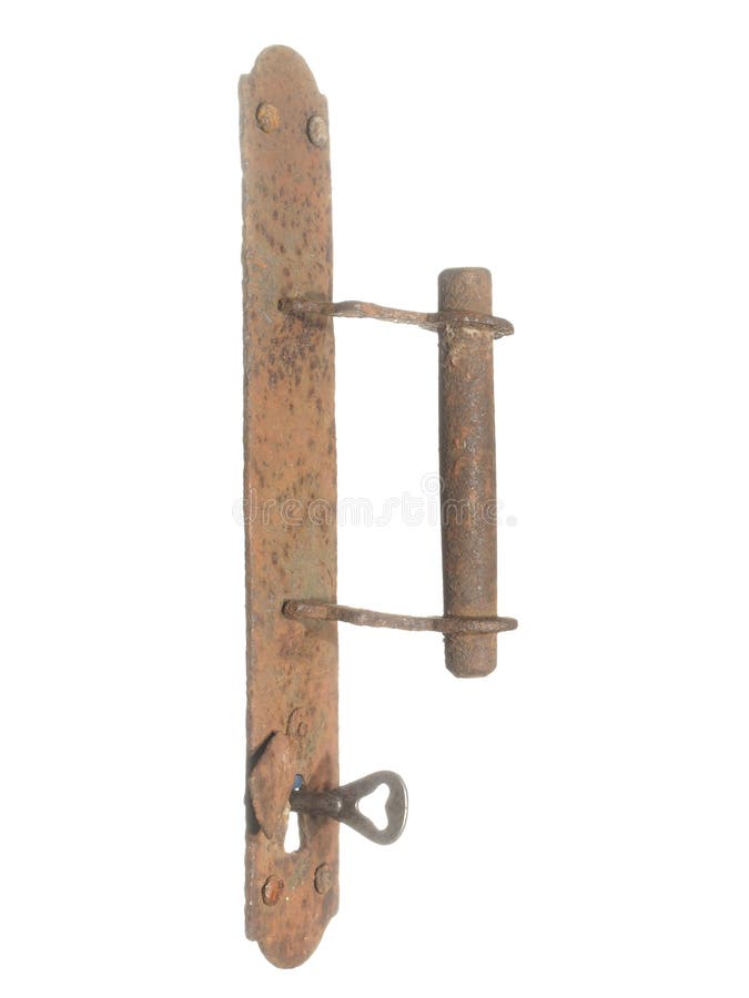 Ancient rusty door handle with keyhole and key isolated on white stock photo