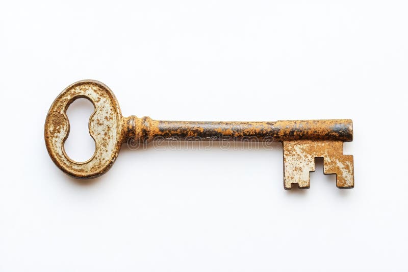 An ancient rusty key rests on a clean white surface, highlighting its texture and wear. This minimalistic presentation draws royalty free stock photography