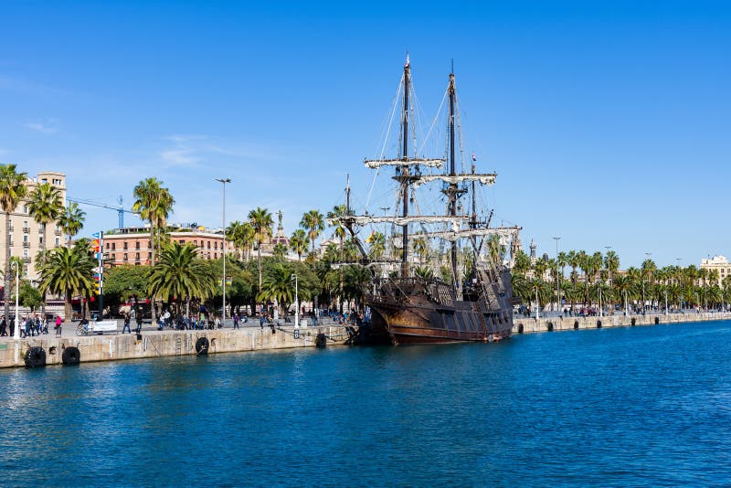 Ancient Sailing Ship in the Harbour of Barcelona. Barcelona Stock Image