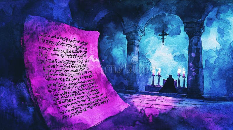 Ancient Script with Hebrew Text in Mystical Gothic Archway Setting, Highlighting Spirituality and Mysticism in