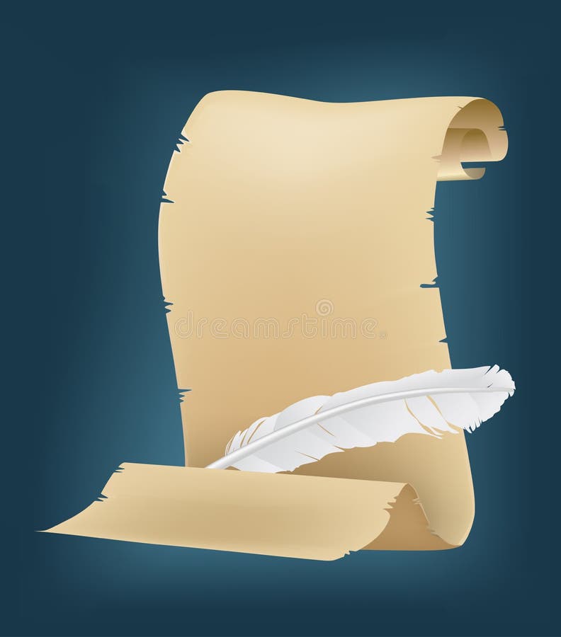 Ancient scroll and white feather, papyrus and quill vector illustration stock illustration