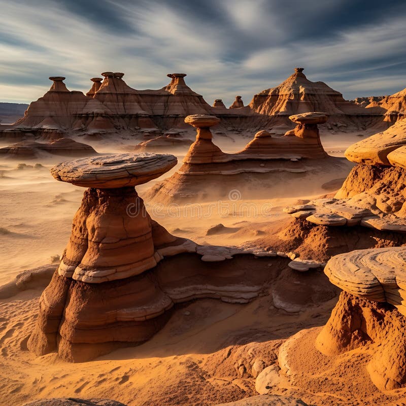 Striking hoodoo rock formations stand tall against a dusty, dramatic desert sky landscape royalty free stock image