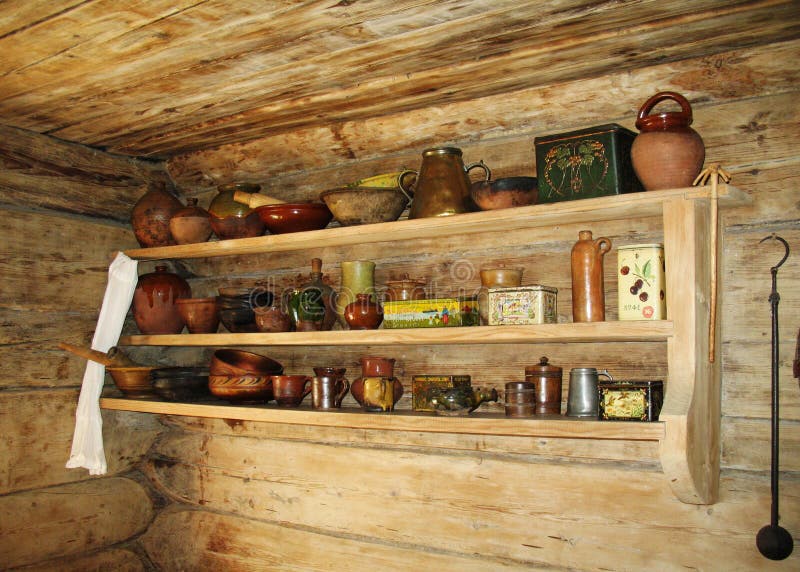 Ancient shelf for kitchen utensils.