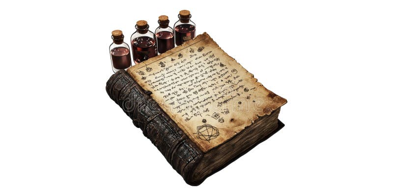 Ancient spellbook with potion vials isolated on transparent background stock photography