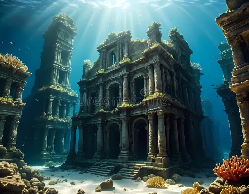 Ancient stone buildings stand tall beneath the ocean floor. vector illustration