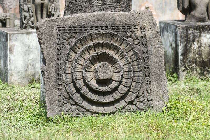 Ancient Stone Carved Floral or Mandala Design. At Gandharvpuri Sonkatch Dewas District Madhya Pradesh, India stock photography Ancient Stone Carved Floral or Mandala Design. At Gandharvpuri Sonkatch Dewas District Madhya Pradesh, India stock photography