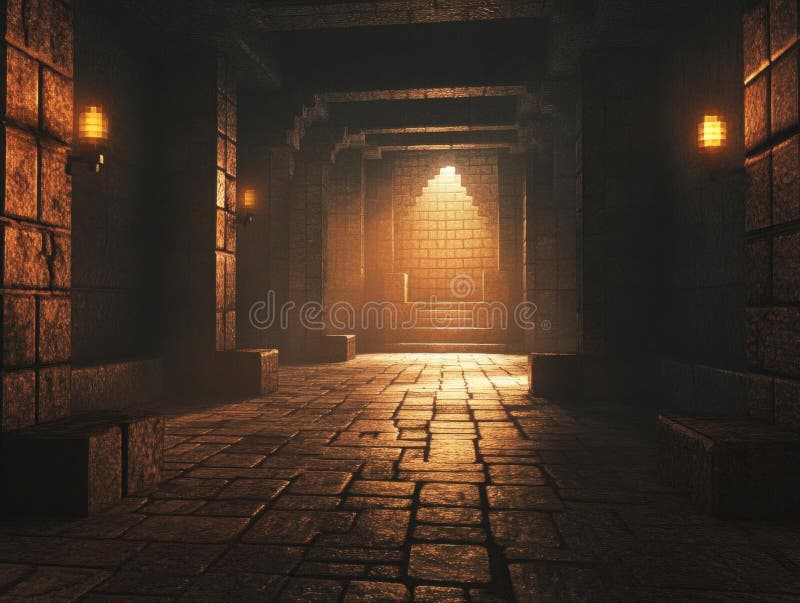 Ancient Stone Corridor, Exploring Mystic Pathway, Illuminated Architecture, Mysterious Dungeon stock illustration