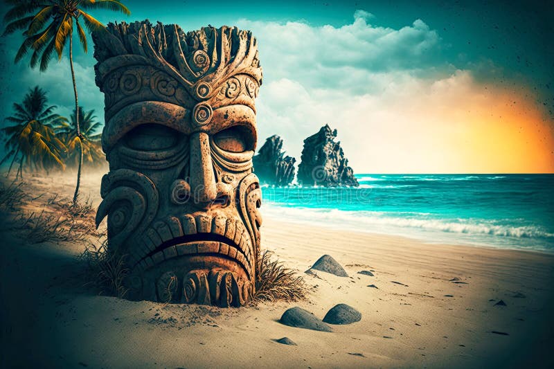 Ancient Stone Idols Tiki Mask On Beach On Exotic Island Stock 