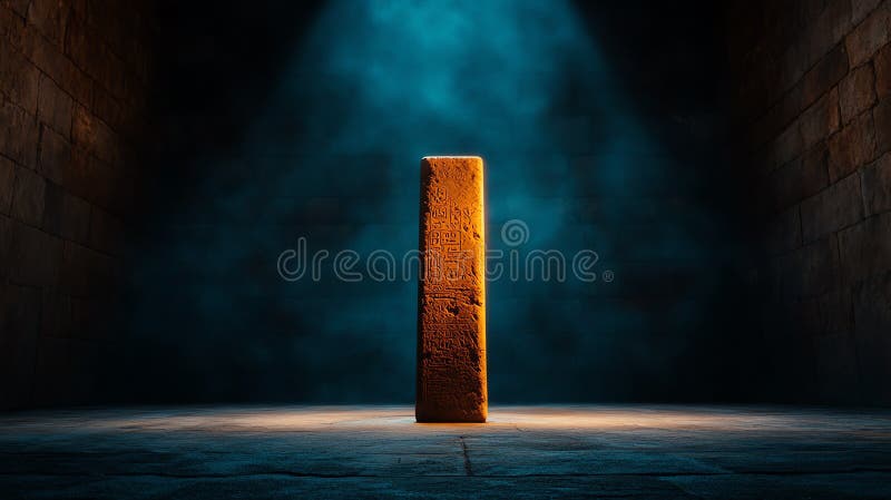 Ancient stone monolith illuminated in a darkened chamber vector illustration