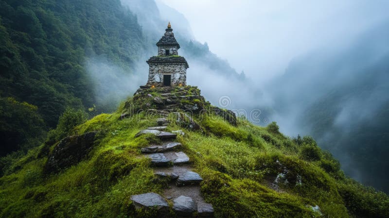 An ancient stone pathway leading to a small temple in the mist, illuminated by glowing lanterns along the way.