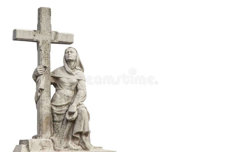 Ancient stone statue of woman with cross on a tomb as a symbol of depression pain and sorrow. Faith, religion, Christianity and