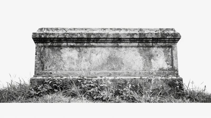 Ancient stone tomb on grassy hill. Monochrome image of a weathered tomb in a cemetery. Aged stone surface with detailed stock photo