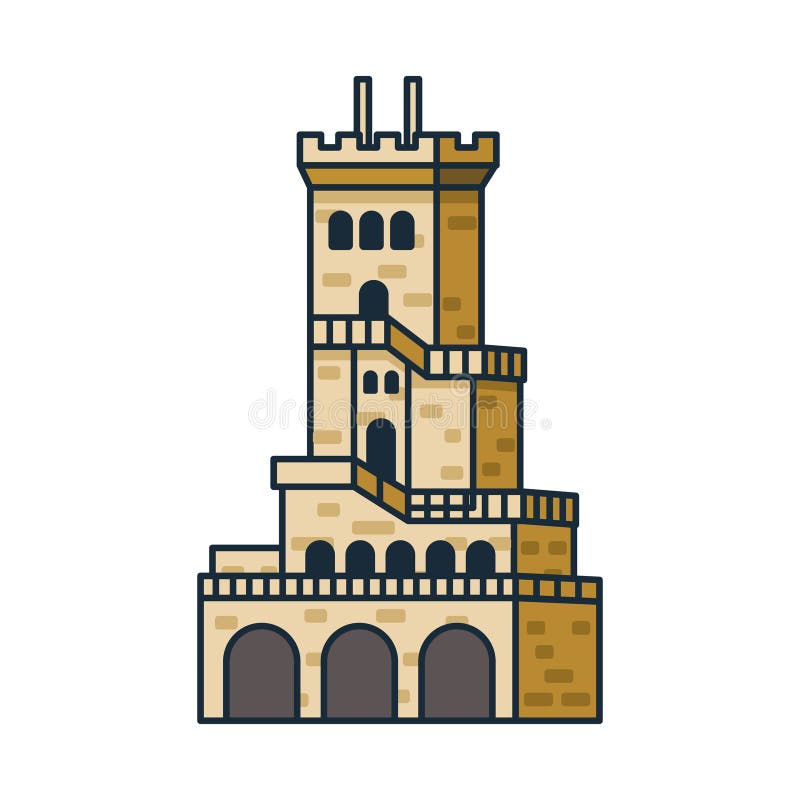 Ancient stone watchtower with external staircase and arches. Illustration. Object isolated on white background vector illustration