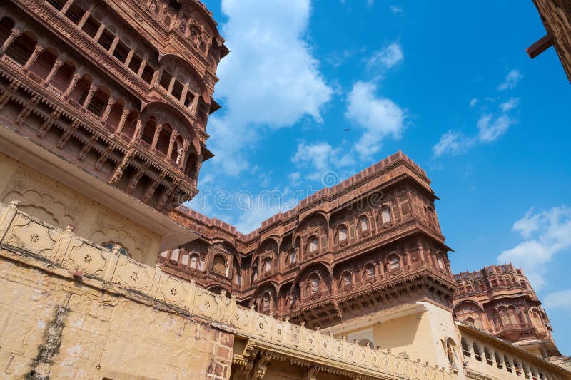 Ancient structures inside Mehrangarh fort, Jodhpur, Rajasthan, India. Famous architecture with intricate carvings and expansive stock photos