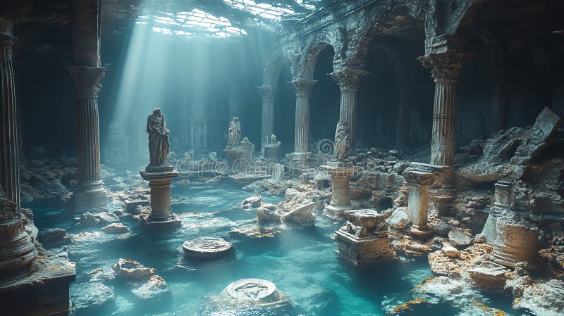 Ancient submerged ruins lit by ethereal rays of light, showcasing timeless beauty royalty free illustration