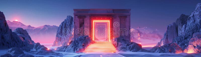 An ancient temple, its architecture a blend of ethereal mountain stone and modern neon craftsmanship stock illustration