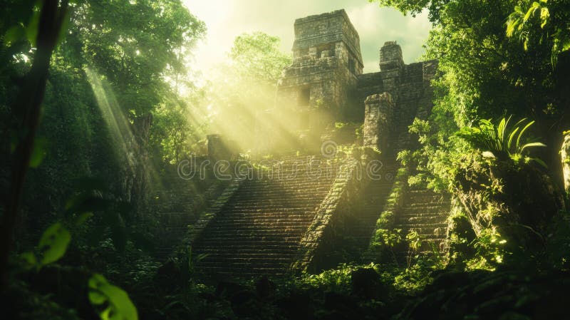 Ancient temple in the jungle with sunbeams shining through the trees vector illustration