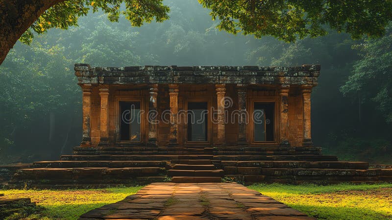Ancient temple nestled in a serene forest, surrounded by lush greenery and soft mist stock illustration