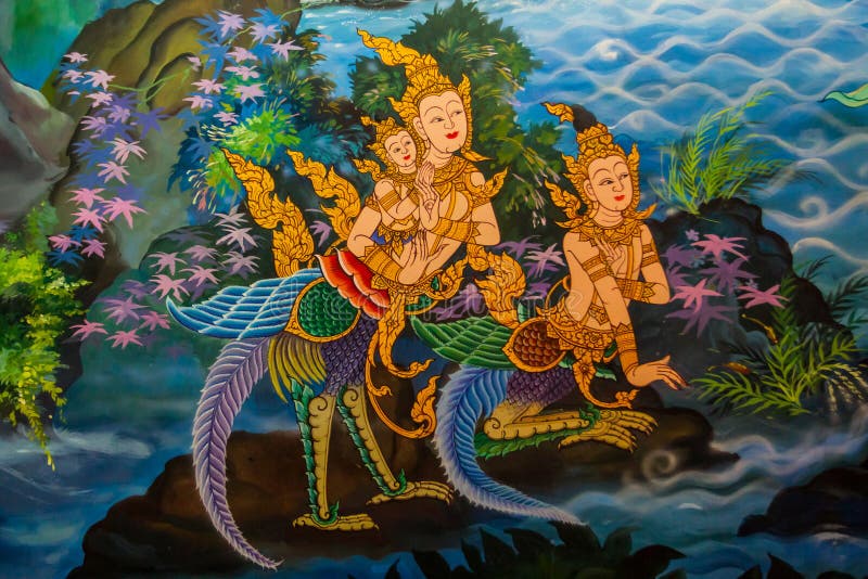 Ancient Thai-style murals in the thai temple.