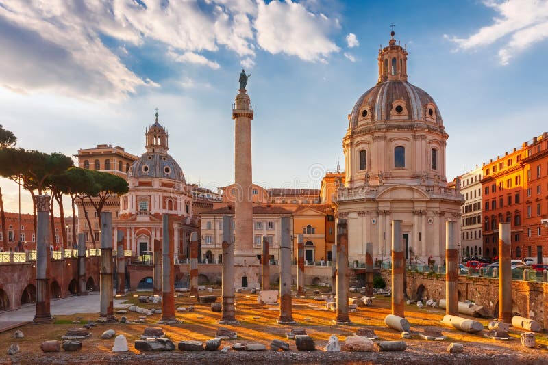 Ancient Trajan Forum at sunset, Rome, Italy