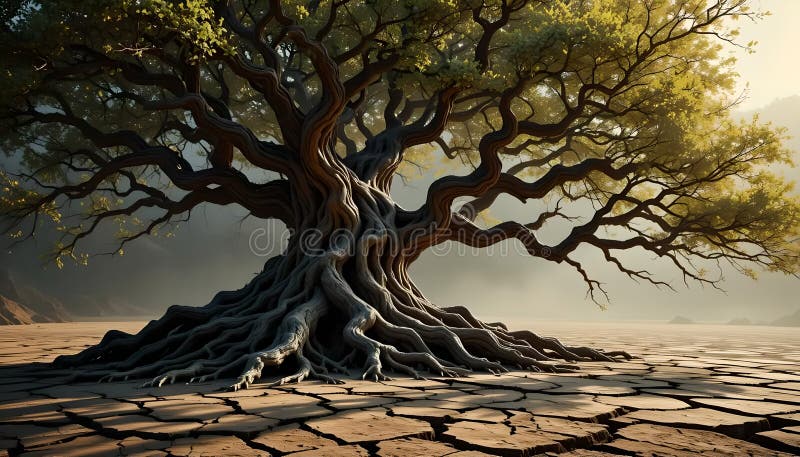 Ancient Tree in Desolate Landscape vector illustration