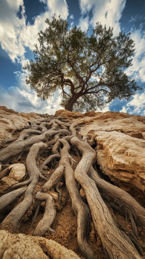 Ancient tree with exposed roots against a dramatic cloudy sky, perspective view. Nature resilience and strength concept stock images