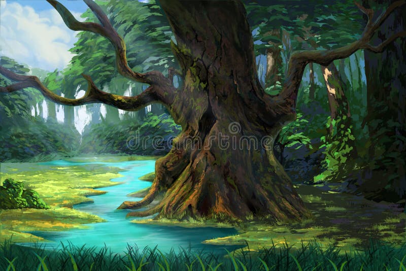 An Ancient Tree in the Forest by the Riverside. royalty free illustration